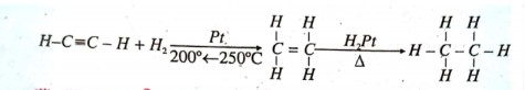 H2का योग - 200 - 250°C पर प्लैटिनम उत्प्रेरक की उपस्थिति में एसीटिलीन एवं हाइड्रोजन के योग से इथेन बनता है।